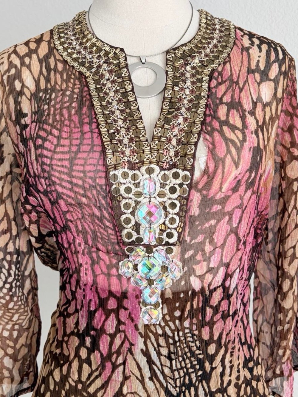 Chico's Embellished Sheer Animal-Print Tunic in Brown and Pink - Picture 3 of 8